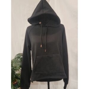 Bebe Sport Womens Black Rose Gold Sequin Logo Side Tape Hoodie Pullover Large